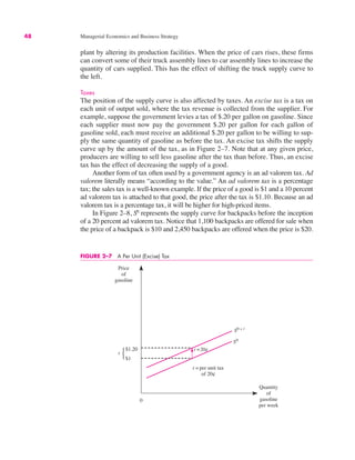 48 Managerial Economics and Business Strategy
plant by altering its production facilities. When the price of cars rises, these firms
can convert some of their truck assembly lines to car assembly lines to increase the
quantity of cars supplied. This has the effect of shifting the truck supply curve to
the left.
Taxes
The position of the supply curve is also affected by taxes. An excise tax is a tax on
each unit of output sold, where the tax revenue is collected from the supplier. For
example, suppose the government levies a tax of $.20 per gallon on gasoline. Since
each supplier must now pay the government $.20 per gallon for each gallon of
gasoline sold, each must receive an additional $.20 per gallon to be willing to sup-
ply the same quantity of gasoline as before the tax. An excise tax shifts the supply
curve up by the amount of the tax, as in Figure 2–7. Note that at any given price,
producers are willing to sell less gasoline after the tax than before. Thus, an excise
tax has the effect of decreasing the supply of a good.
Another form of tax often used by a government agency is an ad valorem tax. Ad
valorem literally means “according to the value.” An ad valorem tax is a percentage
tax; the sales tax is a well-known example. If the price of a good is $1 and a 10 percent
ad valorem tax is attached to that good, the price after the tax is $1.10. Because an ad
valorem tax is a percentage tax, it will be higher for high-priced items.
In Figure 2–8, S0
represents the supply curve for backpacks before the inception
of a 20 percent ad valorem tax. Notice that 1,100 backpacks are offered for sale when
the price of a backpack is $10 and 2,450 backpacks are offered when the price is $20.
0
Price
of
gasoline
Quantity
of
gasoline
per week
S0 + t
t = per unit tax
of 20¢
S0
t =20¢
$1
$1.20
t ⎫
⎬
⎭
FIGURE 2–7 A Per Unit (Excise) Tax
 