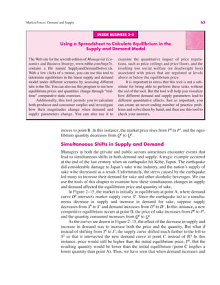 Market Forces: Demand and Supply 63
moves to point B. In this instance, the market price rises from P0
to P1
, and the equi-
librium quantity decreases from Q0
to Q1
.
Simultaneous Shifts in Supply and Demand
Managers in both the private and public sectors sometimes encounter events that
lead to simultaneous shifts in both demand and supply. A tragic example occurred
at the end of the last century when an earthquake hit Kobe, Japan. The earthquake
did considerable damage to Japan’s sake wine industry, and the nation’s supply of
sake wine decreased as a result. Unfortunately, the stress caused by the earthquake
led many to increase their demand for sake and other alcoholic beverages. We can
use the tools of this chapter to examine how these simultaneous changes in supply
and demand affected the equilibrium price and quantity of sake.
In Figure 2–15, the market is initially in equilibrium at point A, where demand
curve D0
intersects market supply curve S0
. Since the earthquake led to a simulta-
neous decrease in supply and increase in demand for sake, suppose supply
decreases from S0
to S1
and demand increases from D0
to D1
. In this instance, a new
competitive equilibrium occurs at point B; the price of sake increases from P0
to P1
,
and the quantity consumed increases from Q0
to Q1
.
As the curves are drawn in Figure 2–15, the effect of the decrease in supply and
increase in demand was to increase both the price and the quantity. But what if
instead of shifting from S0
to S1
, the supply curve shifted much farther to the left to
S2
so that it intersected the new demand curve at point C instead of B? In this
instance, price would still be higher than the initial equilibrium price, P0
. But the
resulting quantity would be lower than the initial equilibrium (point C implies a
lower quantity than point A). Thus, we have seen that when demand increases and
INSIDE BUSINESS 2–5
Using a Spreadsheet to Calculate Equilibrium in the
Supply and Demand Model
The Web site for the seventh edition of Managerial Eco-
nomics and Business Strategy, www.mhhe.com/baye7e,
contains a file named SupplyandDemandSolver.xls.
With a few clicks of a mouse, you can use this tool to
determine equilibrium in the linear supply and demand
model under different scenarios by accessing different
tabs in the file. You can also use this program to see how
equilibrium prices and quantities change through “real-
time” comparative static exercises.
Additionally, this tool permits you to calculate
both producer and consumer surplus and investigate
how their magnitudes change when demand and
supply parameters change. You can also use it to
examine the quantitative impact of price regula-
tions, such as price ceilings and price floors, and the
resulting lost social welfare (or deadweight loss)
associated with prices that are regulated at levels
above or below the equilibrium price.
It is important to stress that this tool is not a sub-
stitute for being able to perform these tasks without
the aid of the tool. But the tool will help you visualize
how different demand and supply parameters lead to
different quantitative effects. Just as important, you
can create an never-ending number of practice prob-
lems and solve them by hand, and then use this tool to
check your answers.
 