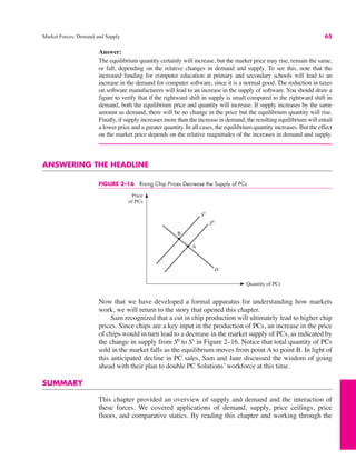 Price
of PCs
Quantity of PCs
S1
S0
B
A
D
FIGURE 2–16 Rising Chip Prices Decrease the Supply of PCs
Market Forces: Demand and Supply 65
Answer:
The equilibrium quantity certainly will increase, but the market price may rise, remain the same,
or fall, depending on the relative changes in demand and supply. To see this, note that the
increased funding for computer education at primary and secondary schools will lead to an
increase in the demand for computer software, since it is a normal good. The reduction in taxes
on software manufacturers will lead to an increase in the supply of software. You should draw a
figure to verify that if the rightward shift in supply is small compared to the rightward shift in
demand, both the equilibrium price and quantity will increase. If supply increases by the same
amount as demand, there will be no change in the price but the equilibrium quantity will rise.
Finally, if supply increases more than the increase in demand, the resulting equilibrium will entail
a lower price and a greater quantity. In all cases, the equilibrium quantity increases. But the effect
on the market price depends on the relative magnitudes of the increases in demand and supply.
ANSWERING THE HEADLINE
Now that we have developed a formal apparatus for understanding how markets
work, we will return to the story that opened this chapter.
Sam recognized that a cut in chip production will ultimately lead to higher chip
prices. Since chips are a key input in the production of PCs, an increase in the price
of chips would in turn lead to a decrease in the market supply of PCs, as indicated by
the change in supply from S0
to S1
in Figure 2–16. Notice that total quantity of PCs
sold in the market falls as the equilibrium moves from point A to point B. In light of
this anticipated decline in PC sales, Sam and Jane discussed the wisdom of going
ahead with their plan to double PC Solutions’ workforce at this time.
SUMMARY
This chapter provided an overview of supply and demand and the interaction of
these forces. We covered applications of demand, supply, price ceilings, price
floors, and comparative statics. By reading this chapter and working through the
 