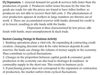 D) Depression: 1. General demand for goods & services falls faster than the
production of goods. 2. Producers suffer losses because by the time the
goods are ready for sale the prices are found to have fallen further, so
producers are not able to recover their full costs. 3. The phenomenon of
over production appears & workers in large numbers are thrown out of
work. 4. There are accumulated reserves with banks, demand for credit is
at its lowest, resulting in idle funds with the banks.
Depression is thus characterized by low prices, idle
funds with banks, mass unemployment & slack trade.
Factors Causing Swings In Business Activity
1. Banking operations plays a vital role. By expanding & contracting credit
creation, changing discount rates & the ratio between deposits & cash
reserves, the bank can change the volume of money supply in the economy.
Thus contribute to cyclical fluctuations.
2. Changes in the proportion between capital goods & consumer goods
production in the economy can also lead to shortages & surpluses in
commodity supply in the short run. This results in business cycle.
3. If purchasing power does not correspond to the expansion or contraction
of production, the market suffers from cyclical fluctuations.
 