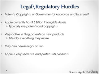 LegalRegulatory HurdlesLegalRegulatory Hurdles
• Patents, Copyrights, or Governmental Approvals and Licenses?
• Apple currently has 3.5 Billion Intangible Assets
o Typically are patents and copyrights
• Very active in filing patents on new products
o Literally everything they make
• They also peruse legal action
• Apple is very secretive and protects its products
Source: Apple 10-K (2011)
 