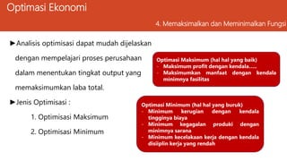 Optimasi Ekonomi
4. Memaksimalkan dan Meminimalkan Fungsi
►Analisis optimisasi dapat mudah dijelaskan
dengan mempelajari proses perusahaan
dalam menentukan tingkat output yang
memaksimumkan laba total.
►Jenis Optimisasi :
1. Optimisasi Maksimum
2. Optimisasi Minimum
Optimasi Maksimum (hal hal yang baik)
- Maksimum profit dengan kendala…..
- Maksimumkan manfaat dengan kendala
minimnya fasilitas
Optimasi Minimum (hal hal yang buruk)
- Minimum kerugian dengan kendala
tingginya biaya
- Minimum kegagalan produki dengan
minimnya sarana
- Minimum kecelakaan kerja dengan kendala
disiiplin kerja yang rendah
 