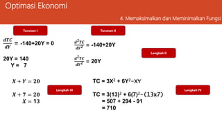 Optimasi Ekonomi
4. Memaksimalkan dan Meminimalkan Fungsi
𝒅𝑻𝑪
𝒅𝒀
= -140+20Y = 0
20Y = 140
Y = 7
Langkah II
Langkah III
Turunan I Turunan II
𝒅2𝑻𝑪
𝒅𝒀2 = -140+20Y
𝒅2𝑻𝑪
𝒅𝒀2 = 20Y
𝑿 + 𝒀 = 𝟐𝟎
𝑿 + 𝟕 = 𝟐𝟎
𝑿 = 1𝟑
TC = 3X2 + 6Y2-XY
TC = 3(13)2 + 6(7)2-(13x7)
= 507 + 294 - 91
= 710
Langkah IV
 