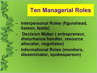 Ten Managerial Roles Interpersonal Roles (figurehead,  liaison, leads) Decision Maker ( entrepreneur, disturbance handler, resource allocator, negotiator) Informational Roles (monitors, disseminator, spokesperson) 