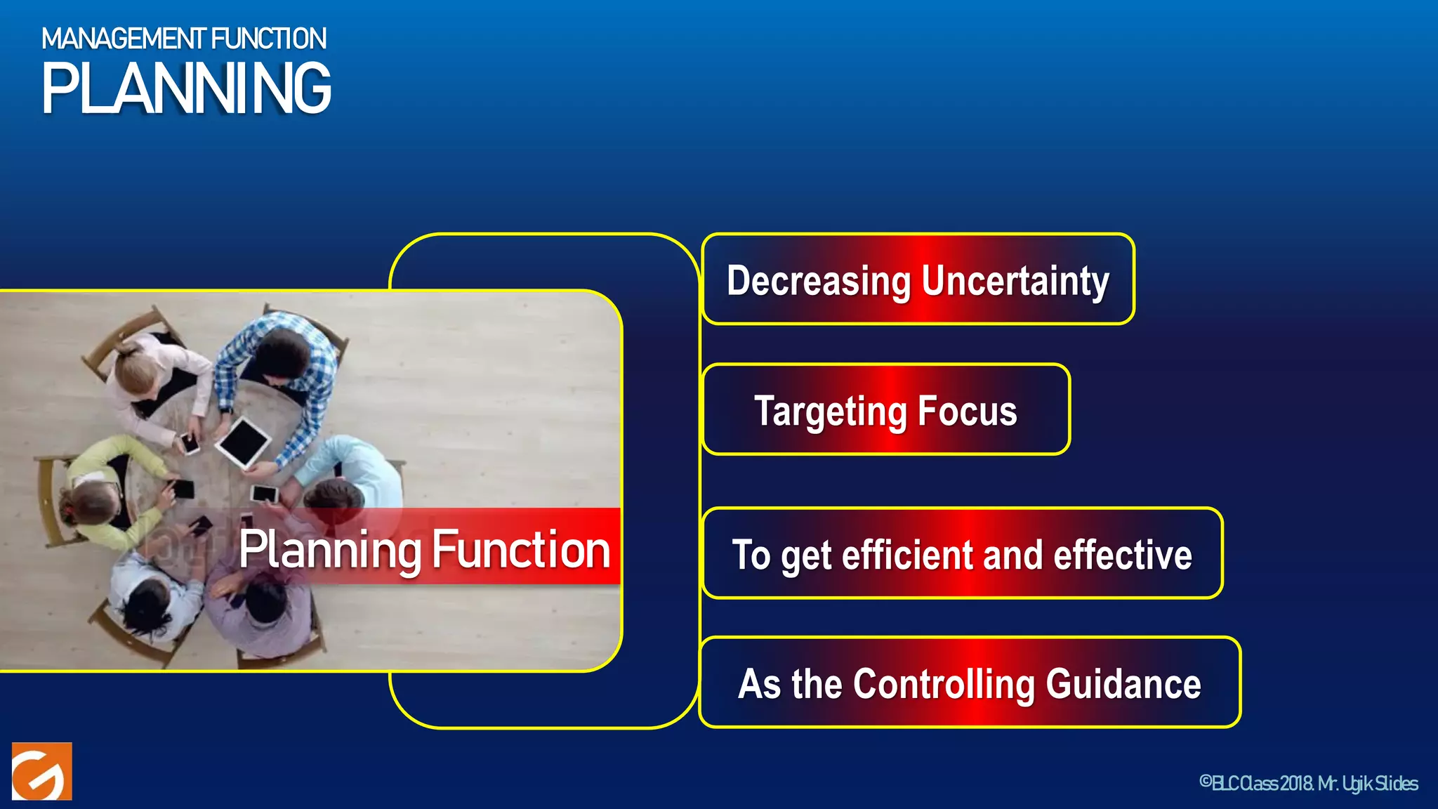 ©BLCClass2018.Mr.UgikSlides
Planning Function
Decreasing Uncertainty
Targeting Focus
To get efficient and effective
As the Controlling Guidance
MANAGEMENT FUNCTION
PLANNING
 