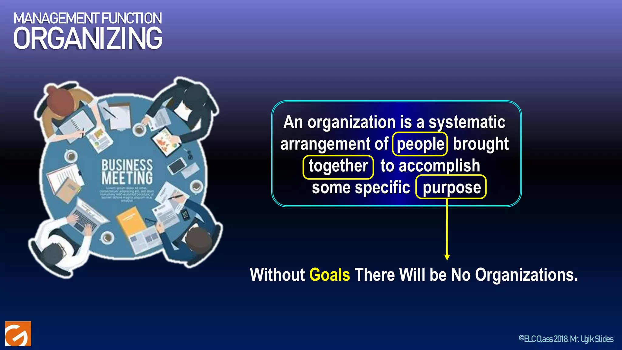 ©BLCClass2018.Mr.UgikSlides
MANAGEMENT FUNCTION
ORGANIZING
An organization is a systematic
arrangement of people brought
together to accomplish
some specific purpose
Without Goals There Will be No Organizations.
 