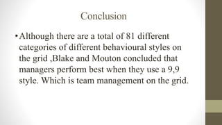 Conclusion
•Although there are a total of 81 different
categories of different behavioural styles on
the grid ,Blake and Mouton concluded that
managers perform best when they use a 9,9
style. Which is team management on the grid.
 