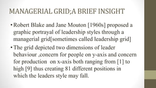 MANAGERIAL GRID;A BRIEF INSIGHT
•Robert Blake and Jane Mouton [1960s] proposed a
graphic portrayal of leadership styles through a
managerial grid[sometimes called leadership grid]
•The grid depicted two dimensions of leader
behaviour ,concern for people on y-axis and concern
for production on x-axis both ranging from [1] to
high [9] thus creating 81 different positions in
which the leaders style may fall.
 