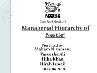 Managerial Hierarchy of
Nestlé®
Presented by:
Maham Nizamani
Vareesha Ali
Hiba Khan
Hirah Ismail
on 22-08-2016
 