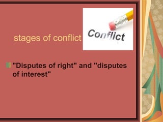 stages of conflict
"Disputes of right" and "disputes
of interest"
 