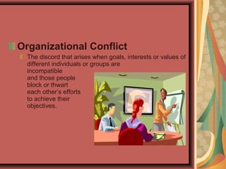 Organizational Conflict
The discord that arises when goals, interests or values of
different individuals or groups are
incompatible
and those people
block or thwart
each other’s efforts
to achieve their
objectives.
 