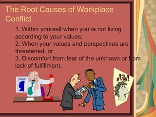 The Root Causes of Workplace
Conflict
1. Within yourself when you're not living
according to your values;
2. When your values and perspectives are
threatened; or
3. Discomfort from fear of the unknown or from
lack of fulfillment.
 
