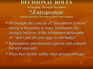 DECISIONAL ROLES
DECISIONAL ROLES
Managing Through Decisions
Managing Through Decisions
7.Entrepreneur
7.Entrepreneur
(taking initiatives for improvement and change)
(taking initiatives for improvement and change)

He brought the concept of “Investment Centers”
He brought the concept of “Investment Centers”
owing to his stakes in many businesses. He
owing to his stakes in many businesses. He
strongly believes in the investment philosophy
strongly believes in the investment philosophy
of “don’t put all your eggs in one basket”.
of “don’t put all your eggs in one basket”.

Reformatory punishments (quit an odd example
Reformatory punishments (quit an odd example
but still relevant).
but still relevant).

Hires best faculty unlike other private colleges.
Hires best faculty unlike other private colleges.
 