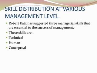 SKILL DISTRIBUTION AT VARIOUS
MANAGEMENT LEVEL
 Robert Katz has suggested three managerial skills that
are essential to the success of management.
 These skills are:
 Technical
 Human
 Conceptual
 