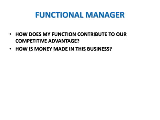 FUNCTIONAL MANAGER

• HOW DOES MY FUNCTION CONTRIBUTE TO OUR
  COMPETITIVE ADVANTAGE?
• HOW IS MONEY MADE IN THIS BUSINESS?
 