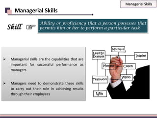 Managerial Skills
Ability or proficiency that a person possesses that
permits him or her to perform a particular task
Managerial Skills
Skill
 Managerial skills are the capabilities that are
important for successful performance as
managers
 Managers need to demonstrate these skills
to carry out their role in achieving results
through their employees
 