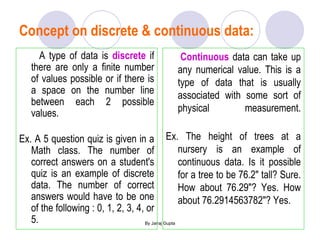 Concept on discrete & continuous data: A type of data is  discrete  if there are only a finite number of values possible or if there is a space on the number line between each 2 possible values. Ex. A 5 question quiz is given in a Math class. The number of correct answers on a student's quiz is an example of discrete data. The number of correct answers would have to be one of the following : 0, 1, 2, 3, 4, or 5.  Continuous  data can take up any numerical value. This is a type of data that is usually associated with some sort of physical measurement. Ex. The height of trees at a nursery is an example of continuous data. Is it possible for a tree to be 76.2" tall? Sure. How about 76.29"? Yes. How about 76.2914563782"? Yes. 