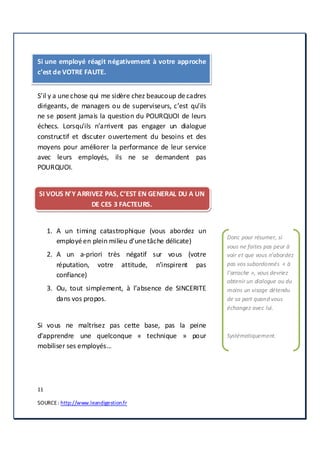 11
SOURCE: http://www.leandigestion.fr
Si une employé réagit négativement à votre approche
c’est deVOTRE FAUTE.
S’il y a une chose qui me sidère chez beaucoup de cadres
dirigeants, de managers ou de superviseurs, c’est qu’ils
ne se posent jamais la question du POURQUOI de leurs
échecs. Lorsqu'ils n’arrivent pas engager un dialogue
constructif et discuter ouvertement du besoins et des
moyens pour améliorer la performance de leur service
avec leurs employés, ils ne se demandent pas
POURQUOI.
SI VOUS N’Y ARRIVEZ PAS, C’EST EN GENERAL DU A UN
DE CES 3 FACTEURS.
1. A un timing catastrophique (vous abordez un
employé en plein milieu d’une tâche délicate)
2. A un a-priori très négatif sur vous (votre
réputation, votre attitude, n’inspirent pas
confiance)
3. Ou, tout simplement, à l’absence de SINCERITE
dans vos propos.
Si vous ne maîtrisez pas cette base, pas la peine
d’apprendre une quelconque « technique » pour
mobiliser ses employés…
Donc pour résumer, si
vous ne faites pas peur à
voir et que vous n’abordez
pas vos subordonnés « à
l’arrache », vous devriez
obtenir un dialogue ou du
moins un visage détendu
de sa part quand vous
échangez avec lui.
Systématiquement.
 