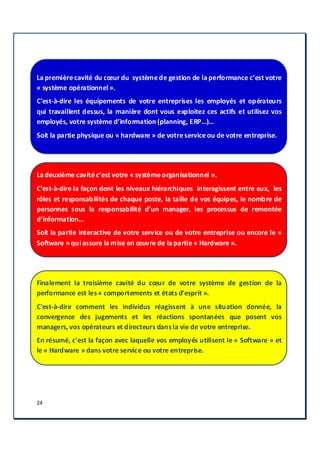 24
La premièrecavité du cœur du systèmede gestion de la performance c’est votre
« système opérationnel».
C'est-à-dire les équipements de votre entreprises les employés et opérateurs
qui travaillent dessus, la manière dont vous exploitez ces actifs et utilisez vos
employés, votre système d’information (planning, ERP…)…
Soit la partie physique ou « hardware » de votreserviceou de votre entreprise.
La deuxième cavitéc’est votre « systèmeorganisationnel ».
C'est-à-dire la façon dont les niveaux hiérarchiques interagissent entre eux, les
rôles et responsabilités de chaque poste, la taille de vos équipes, le nombre de
personnes sous la responsabilité d’un manager, les processus de remontée
d’information…
Soit la partie interactive de votre service ou de votre entreprise ou encore le «
Software » quiassure la mise en œuvre de la partie « Hardware ».
Finalement la troisième cavité du cœur de votre système de gestion de la
performance est les« comportements et états d’esprit ».
C'est-à-dire comment les individus réagissent à une situation donnée, la
convergence des jugements et les réactions spontanées que posent vos
managers, vos opérateurs et directeurs dansla vie de votre entreprise.
En résumé, c'est la façon avec laquelle vos employés utilisent le « Software » et
le « Hardware » dans votre service ou votre entreprise.
 