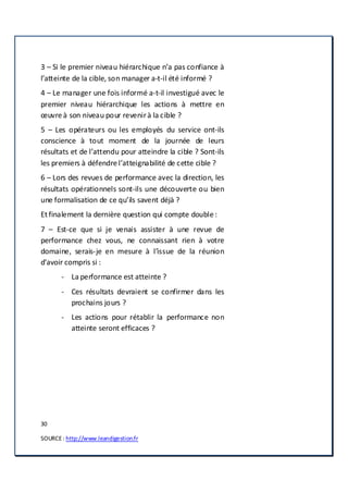 30
SOURCE: http://www.leandigestion.fr
3 – Si le premier niveau hiérarchique n’a pas confiance à
l’atteinte de la cible, son manager a-t-il été informé ?
4 – Le manager une fois informé a-t-il investigué avec le
premier niveau hiérarchique les actions à mettre en
œuvre à son niveau pour revenirà la cible ?
5 – Les opérateurs ou les employés du service ont-ils
conscience à tout moment de la journée de leurs
résultats et de l’attendu pour atteindre la cible ? Sont-ils
les premiers à défendre l’atteignabilité de cette cible ?
6 – Lors des revues de performance avec la direction, les
résultats opérationnels sont-ils une découverte ou bien
une formalisation de ce qu’ils savent déjà ?
Et finalement la dernière question qui compte double :
7 – Est-ce que si je venais assister à une revue de
performance chez vous, ne connaissant rien à votre
domaine, serais-je en mesure à l’issue de la réunion
d’avoir compris si :
- La performance est atteinte ?
- Ces résultats devraient se confirmer dans les
prochains jours ?
- Les actions pour rétablir la performance non
atteinte seront efficaces ?
 