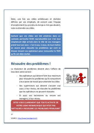 37
SOURCE: http://www.leandigestion.fr
Donc, une fois vos cibles ambitieuses et réalistes
définies par vos employés, de concert avec l’équipe
d’encadrement (ca prendra du temps à n’en pas douter),
reste à atteindre ces cibles.
Sachant que ces cibles ont été atteintes dans un
contexte particulier MAIS reproductible (car c’est tout
simplement déjà arrivé) alors le rôle de vos managers
prend tout son sens : c’est à eux, à vous, de tout mettre
en œuvre pour résoudre les problèmes qui vont se
dresser devant vos opérateurs pour renouveler le TMR
qu’ils ont déjà réalisé.
Résoudre desproblèmes !
La résolution de problèmes devient alors l’affaire de
tous dans votre service :
- Vos opérateurs qui doivent faire leur maximum
pour résoudre les problèmes qu’ils rencontrent
à leur poste de travail pouratteindre les cibles
- Vos superviseurs qui doivent s’assurer eux
aussi, à leur niveau, de résoudre les problèmes
que les opérateurs ne peuvent résoudre.
- Et aussi vos techniciens ou encore vos
managers, à leur niveau.
DITES VOUS CLAIREMENT QUE TOUTE ACTIVITE DE
VOTRE LIGNE HIERARCHIQUE QUI N’EST PAS
RATTACHEE A RESOUDRE LES PROBLEMES PENALISANT
 