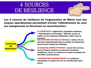 3 SOURCES DU SENS
STRATÉGIE
●
Vision d'avenir, visualisation
de la direction et du chemin.
●
Discours prévisionnel qui
conditionne les objectifs de
chacun.
●
Donne un sens à ses
propres objectifs et mobilise
l'engagement nécessaire
pour les accomplir.
CULTURE
●
Valeurs communes
reconnues comme celles
de l'institution, que l'on
partage et auxquelles on
adhère.
●
La culture donne des
repères idéologiques,
philosophiques ou de
valorisation sociale.
(humaniste, internationale,
coopérative)
STRUCTURE
●
Articulation des structures
formelle et informelle.
●
Structure formelle : cadre
et donne les clés de la
signification (rôles, règles,
procédures, autorité).
●
Structure informelle :
capacité de la structure
formelle à créer les
occasions d'échanger et de
créer un sens partagé.
 