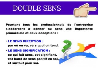 DOUBLE SENS
Pourtant tous les professionnels de l'entreprise
s'accordent à donner au sens une importance
primordiale et deux acceptions :
●
LE SENS DIRECTION :
par où on va, vers quoi on tend.
●
LE SENS SIGNIFICATION :
ce qui fait sens, est signifiant,
est lourd de sens positif en soi,
et surtout pour soi.
 
