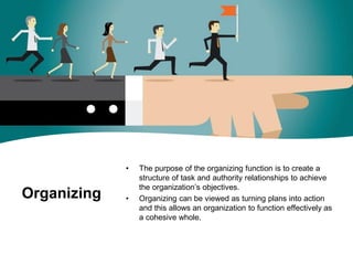 Organizing
• The purpose of the organizing function is to create a
structure of task and authority relationships to achieve
the organization’s objectives.
• Organizing can be viewed as turning plans into action
and this allows an organization to function effectively as
a cohesive whole.
 