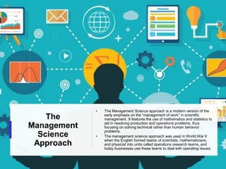 The
Management
Science
Approach
• The Management Science approach is a modern version of the
early emphasis on the “management of work” in scientific
management. It features the use of mathematics and statistics to
aid in resolving production and operations problems, thus
focusing on solving technical rather than human behavior
problems.
• The management science approach was used in World War II
when the English formed teams of scientists, mathematicians,
and physicist into units called operations research teams, and
today businesses use these teams to deal with operating issues.
 