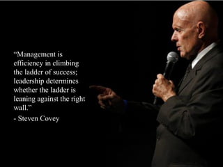 “Management is
efficiency in climbing
the ladder of success;
leadership determines
whether the ladder is
leaning against the right
wall.”
- Steven Covey
 