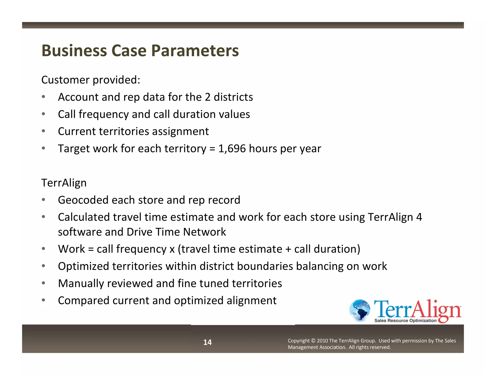 Business Case Parameters
Customer provided:
• Account and rep data for the 2 districts
• Call frequency and call duration values
• Current territories assignment
• Target work for each territory = 1,696 hours per year

TerrAlign
• Geocoded each store and rep record
• Calculated travel time estimate and work for each store using TerrAlign 4
   software and Drive Time Network
• Work = call frequency x (travel time estimate + call duration)
• Optimized territories within district boundaries balancing on work
• Manually reviewed and fine tuned territories
• Compared current and optimized alignment


                               14               Copyright © 2010 The TerrAlign Group. Used with permission by The Sales
                                                Management Association. All rights reserved.
 