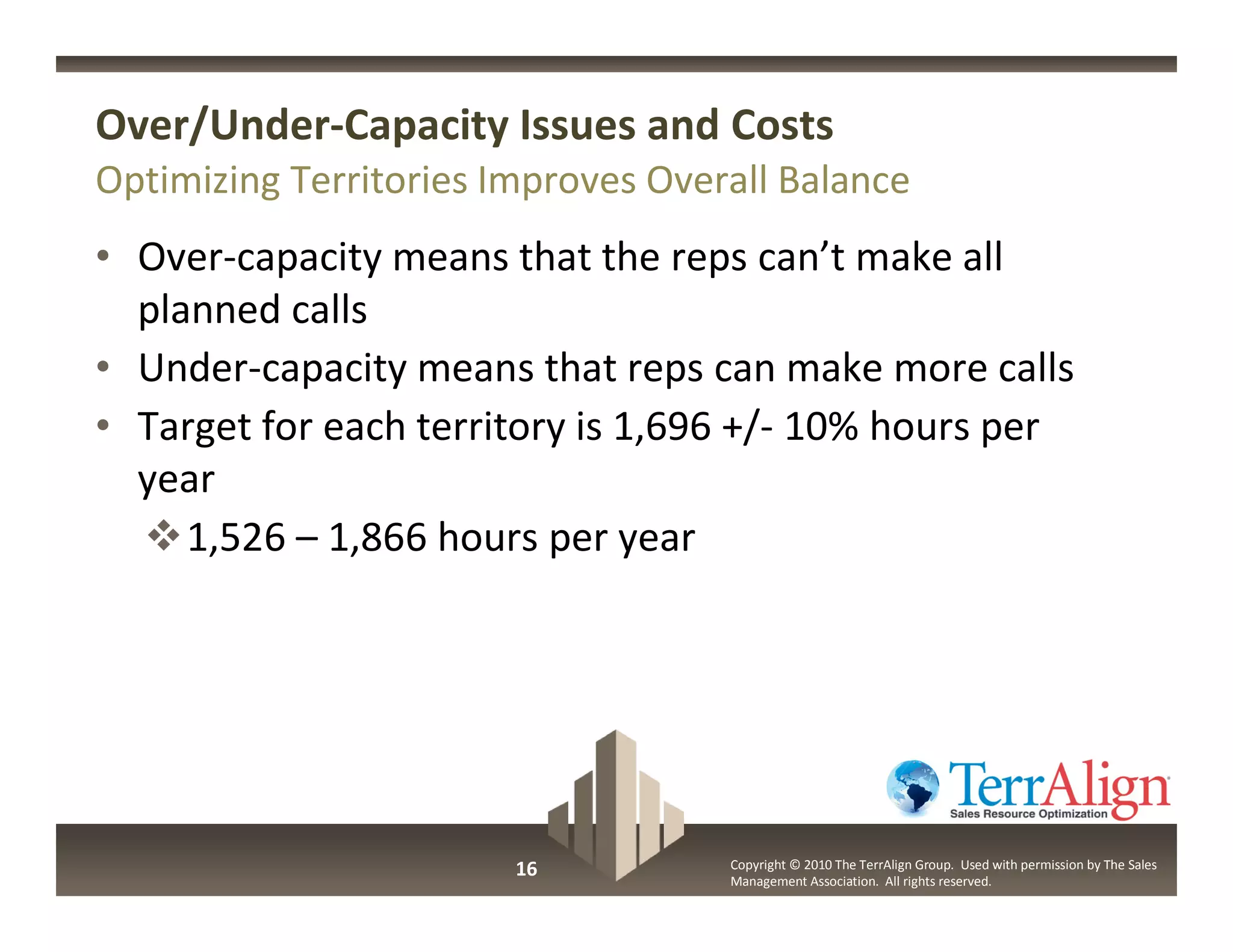 Over/Under-Capacity Issues and Costs
Optimizing Territories Improves Overall Balance
• Over-capacity means that the reps can’t make all
  planned calls
• Under-capacity means that reps can make more calls
• Target for each territory is 1,696 +/- 10% hours per
  year
     1,526 – 1,866 hours per year




                        16          Copyright © 2010 The TerrAlign Group. Used with permission by The Sales
                                    Management Association. All rights reserved.
 