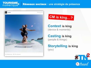 Context is king
(device & moments)
Casting is king
(people & things)
Storytelling is king
(you)
Réseaux sociaux : une stratégie de présence
 