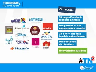 30 pages Facebook
tourisme animées
Des portées et des
engagements records
30 à 40 % des fans
touchés naturellement
Des centaines
de réactions
Une véritable audience
 