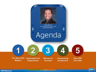 Copyright 2013 JDA Software Group, Inc. - CONFIDENTIAL
1 2 3 4 5
The Store Still
Matters
Expectations &
Experiences
Barriers to
Success
Overcoming
the Barriers
How JDA
Can Help
Dave Bruno
Product Marketing Director, WFM
@DaveTheWaveSD
#WFMWebinar
 