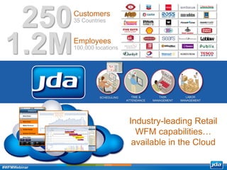 Copyright 2013 JDA Software Group, Inc. - CONFIDENTIAL
Customers
35 Countries
250
1.2MEmployees
100,000 locations
TASK
MANAGEMENT
SCHEDULING TIME &
ATTENDANCE
LABOR
MANAGEMENT
Industry-leading Retail
WFM capabilities…
available in the Cloud
#WFMWebinar
 