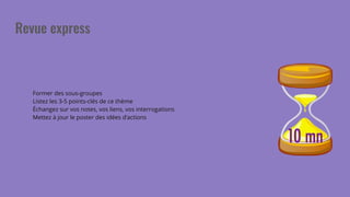 Former des sous-groupes
Listez les 3-5 points-clés de ce thème
Échangez sur vos notes, vos liens, vos interrogations
Mettez à jour le poster des idées d’actions
 