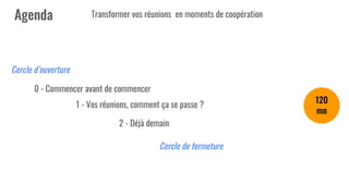 Transformer vos réunions en moments de coopération
0 - Commencer avant de commencer
1 - Vos réunions, comment ça se passe ?
2 - Déjà demain
Cercle d’ouverture
Cercle de fermeture
 