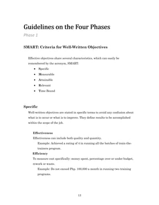 13
SMART: Criteria for Well-Written Objectives
Effective objectives share several characteristics, which can easily be
remembered by the acronym, SMART:
 Specific
 Measurable
 Attainable
 Relevant
 Time Bound
Specific
Well-written objectives are stated in specific terms to avoid any confusion about
what is to occur or what is to improve. They define results to be accomplished
within the scope of the job.
Effectiveness
Effectiveness can include both quality and quantity.
Example: Achieved a rating of 4 in running all the batches of train-the-
trainers program.
Efficiency
To measure cost specifically: money spent, percentage over or under budget,
rework or waste.
Example: Do not exceed Php. 100,000 a month in running two training
programs.
Phase 1
Guidelines on the Four PhasesGuidelines on the Four Phases
 