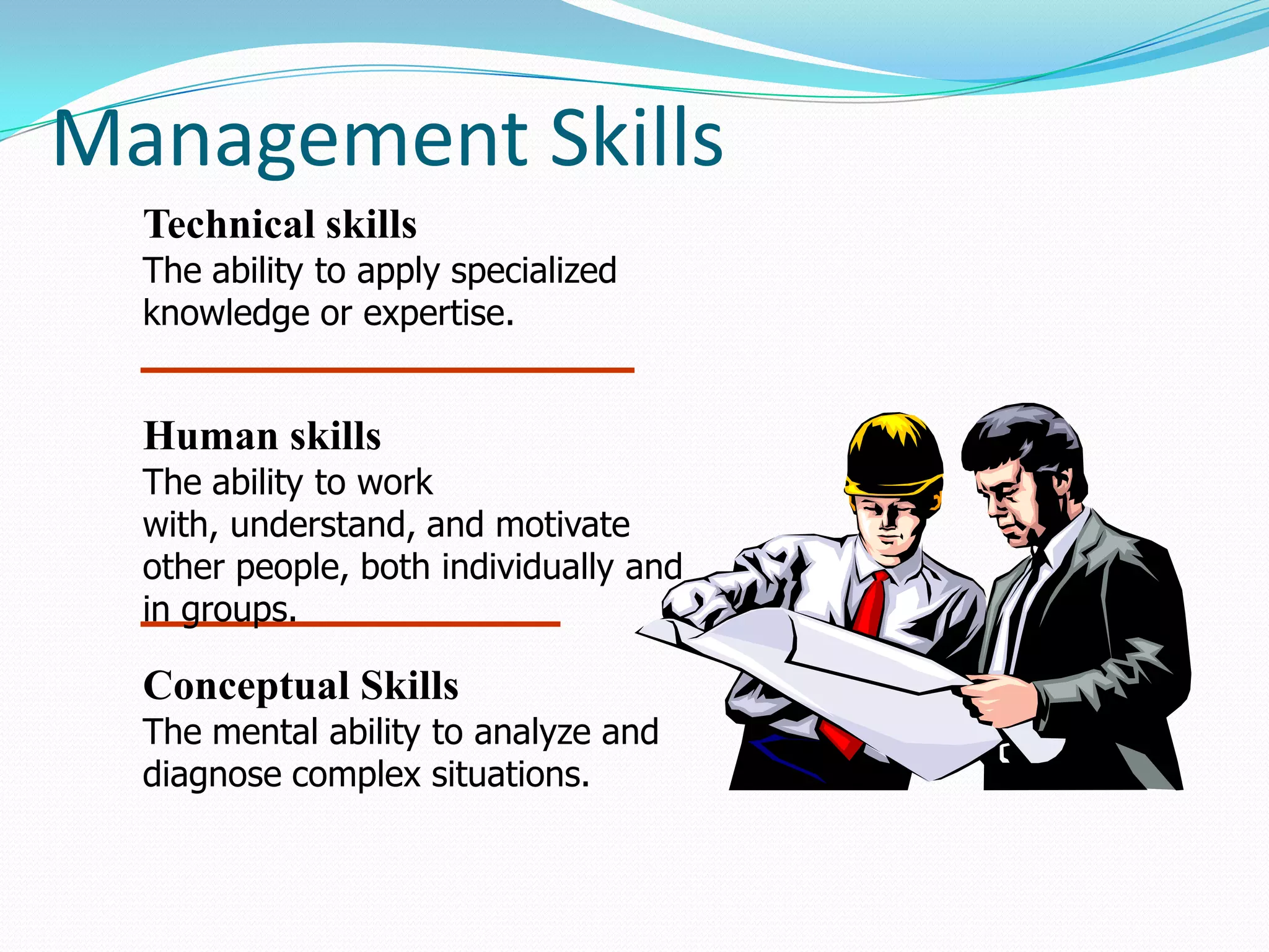 Management Skills
Technical skills
The ability to apply specialized
knowledge or expertise.
Human skills
The ability to work
with, understand, and motivate
other people, both individually and
in groups.
Conceptual Skills
The mental ability to analyze and
diagnose complex situations.
 