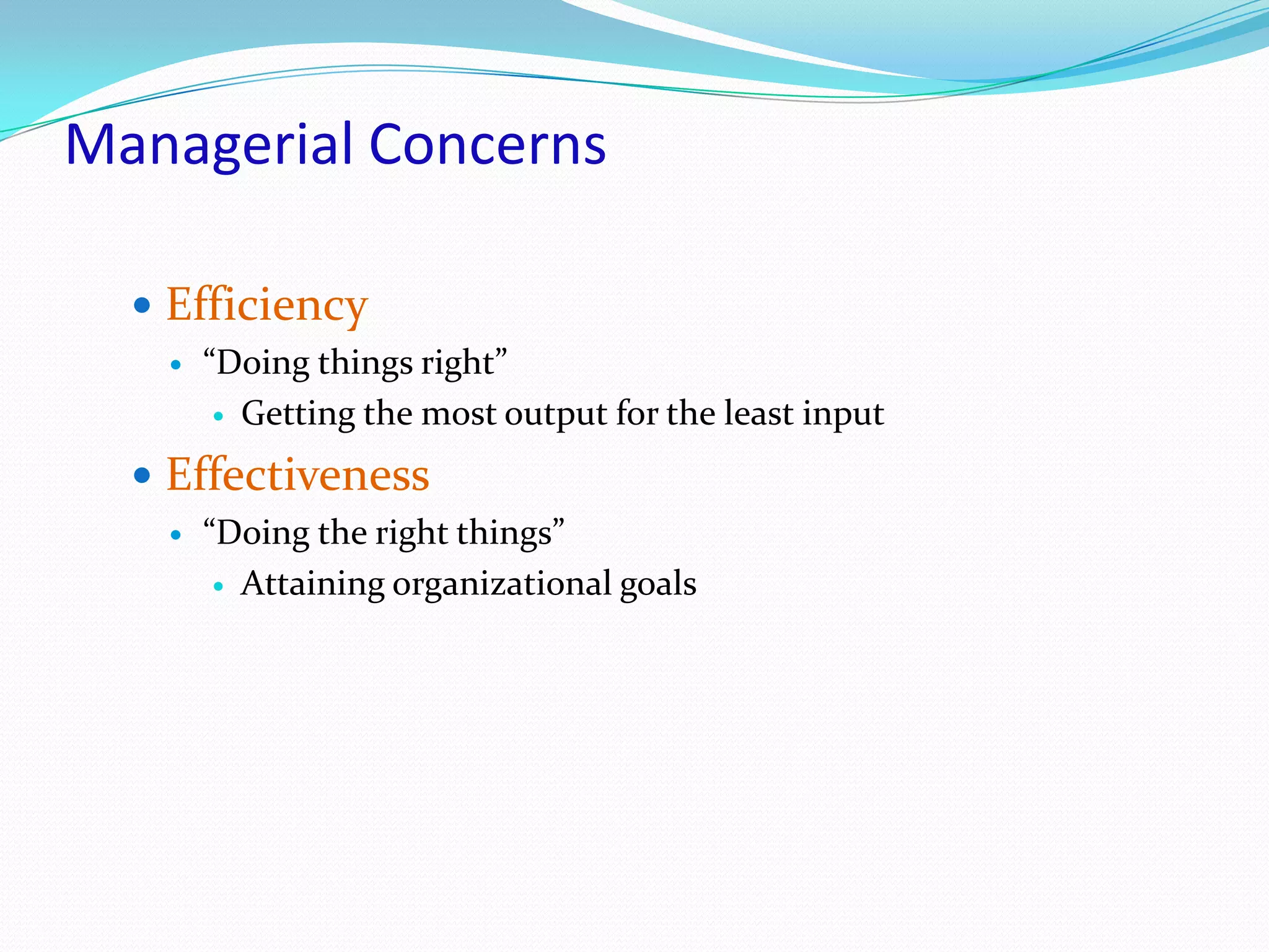 Managerial Concerns
 Efficiency
 “Doing things right”
 Getting the most output for the least input
 Effectiveness
 “Doing the right things”
 Attaining organizational goals
 