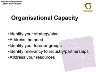 Organisational Capacity   Identify your strategy/plan Address the need Identify your learner groups Identify relevancy to industry/partnerships Address your resources Explore and Experience Loddon Mallee Region 