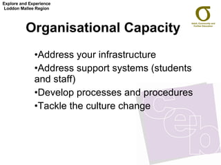 Organisational Capacity   Address your infrastructure Address support systems (students and staff) Develop processes and procedures Tackle the culture change Explore and Experience Loddon Mallee Region 