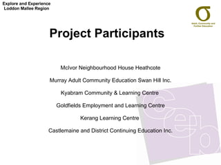 Project Participants McIvor Neighbourhood House Heathcote Murray Adult Community Education Swan Hill Inc. Kyabram Community & Learning Centre  Goldfields Employment and Learning Centre Kerang Learning Centre  Castlemaine and District Continuing Education Inc. Explore and Experience Loddon Mallee Region 