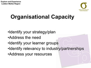 Organisational Capacity   Identify your strategy/plan Address the need Identify your learner groups Identify relevancy to industry/partnerships Address your resources Explore and Experience Loddon Mallee Region 
