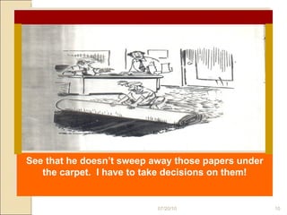 07/20/10 See that he doesn’t sweep away those papers under the carpet.  I have to take decisions on them! 