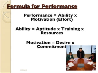 Formula for Performance Performance = Ability x Motivation (Effort) Ability = Aptitude x Training x  Resources Motivation = Desire x Commitment 07/20/10 6 - 