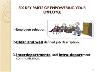 SIX KEY PARTS OF EMPOWERING YOUR EMPLOYEE 1-Employee selection. 2- Clear and well  defined job description. 3- Interdepartmenta l and  intra-depart ment communication. 