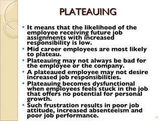 PLATEAUING  It means that the likelihood of the employee receiving future job assignments with increased responsibility is low. Mid career employees are most likely to plateau. Plateauing may not always be bad for the employee or the company. A plateaued employee may not desire increased job responsibilities. Plateauing becomes dysfunctional when employees feels stuck in the job that offers no potential for personal growth. Such frustration results in poor job attitude, increased absenteeism and poor job performance. 