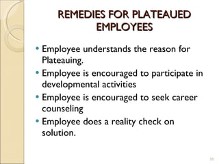 REMEDIES FOR PLATEAUED EMPLOYEES Employee understands the reason for Plateauing. Employee is encouraged to participate in developmental activities Employee is encouraged to seek career counseling Employee does a reality check on solution. 
